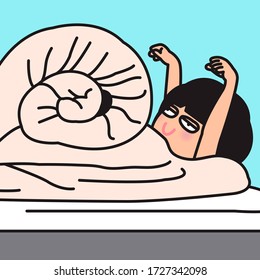 Girl Waking Up In Bed Under Snail Shaped Blanket Concept Card Character illustration