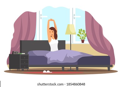 Girl waking up in bed. Young woman sitting on bed yawning in early morning, stretching arms. Schedule vector illustration. Everyday routine at home. Bedroom modern interior design.