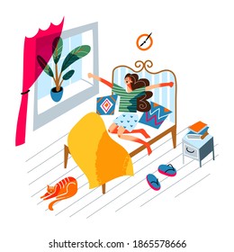 Girl waking up in bed. Young woman sitting on bed yawning in early morning, stretching arms. Schedule vector illustration. Everyday routine at home. Bedroom modern interior design.