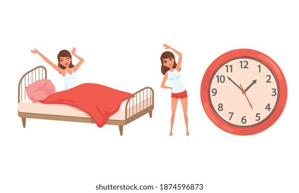 Girl Waking Up and Doing Morning Workout Set, Young Woman Activity and Daily Routine Cartoon Vector Illustration