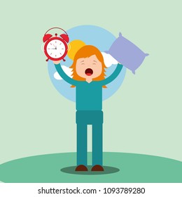 girl waking up holding pillow and clock