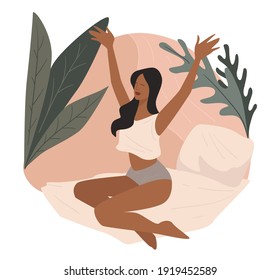 Girl waking up in hotel room or home, elegant female character stretching after long sleep and rest. Tropical flowers and decoration, staying by seaside or resort for holidays. Vector in flat style