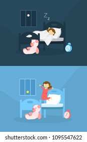 Girl waking up in the morning after sleeping.