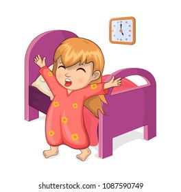 Girl waking up from sleep, bedroom of woman, stretching kid and bed with blanket, schedule and daily routine vector illustration isolated on white