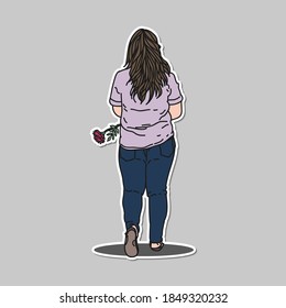 A girl walk alone with red rose in hands. Use this for print on any media, for sticker, poster or home decorations.