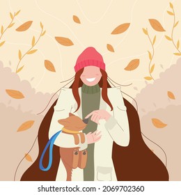 girl walk in autumn with her dog