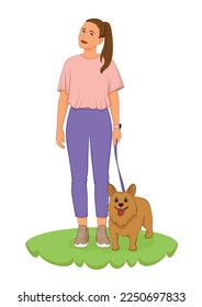 Girl walk with dog flat vector illustration