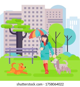 Girl walk with dog in park, vector illustration. Young woman character with animal pet in city outdoor nature background. Happy cartoon leisure at green landscape, animal at flat leash.