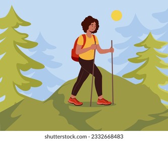 Girl walk in forest concept. Woman with backpack at hill. Hiking and camping, active lifestyle. Trekking and traveling. Leisure and weekends outdoor. Cartoon flat vector illustration