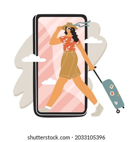 Girl walk to vacation through phone screen. Tourism, travel app, Woman in summer clothes with hat and suitcase. Mobile online services. Vector illustration in flat style. Isolated on white background.