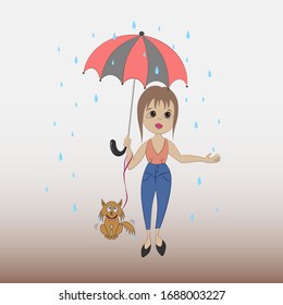 the girl walked with the dog and it was raining, the dog was wet, the girl was disappointed