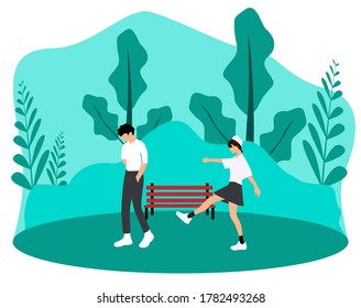 A girl walking after her sad boyfriend (A couple) in a park