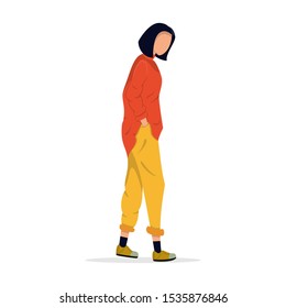 Girl walking alone with hans in pockets. Flat cartoon vector illustration.