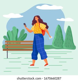 Girl walking alone in summer park. Student hold phone and messaging to somebody. Lady stroll on pathway in lawn. Beautiful landscape with greenery, trees and grass. Vector illustration in flat style