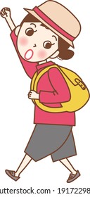 A girl walking with a backpack.