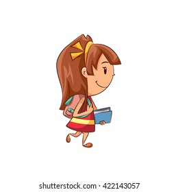 Girl walking, backpack, book, vector illustration