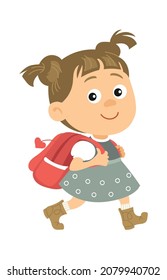 Niña caminando con mochila. Niño yendo a la escuela. Personaje de historieta feliz