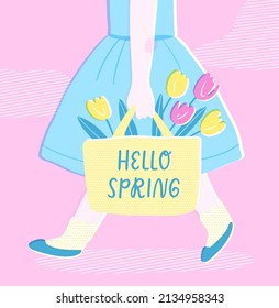Girl walking with a bag full of spring tulips. Vector illustration in cute trendy style. Woman holding a canvas tote with flowers and a spring greeting. Card or banner design.