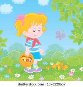 Girl walking with a basket and gathering mushrooms on a green forest glade on a summer day, vector illustration in a cartoon style