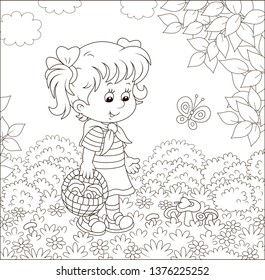 Girl walking with a basket and gathering mushrooms on a forest glade on a summer day, black and white vector illustration in a cartoon style for a coloring book