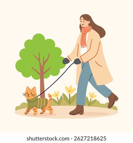 Girl walking with cat in the park. Spring season walking with animal. Summer holiday. Weekend with pet. 