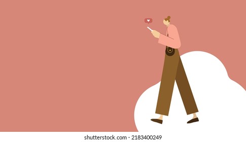 Girl walking and checking messages on smartphone. Cartoon characters isolated on background	
