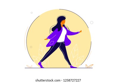 The girl is walking, corefull image, a walk.  Sport, Exercise stress. Modern vector flat design image isolated on white background