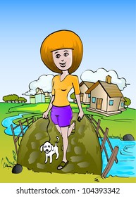 girl walking cross the bridge, with her little dog