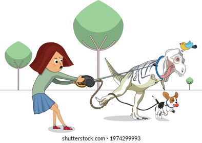 Girl walking the dinosaur and her dog and bird