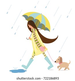 A Girl Is Walking With A Dog.