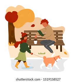 Girl walking dog against the man sitting on bench, reading book and drinking coffee. Flat cartoon modern trendy style.Vector illustration character icon. Isolated on white background.