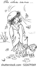 Girl walking with a dog in the autumn.