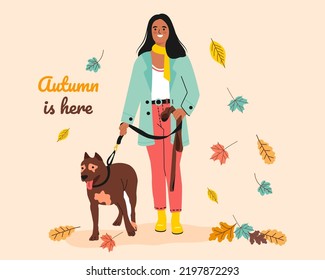 Girl walking with Dog in Autumn. Autumn is here, outdoor activity concept. Flat vector illustration.