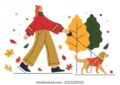 Girl walking with dog. Autumn mood, foliage. Flat cute cozy illustration