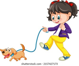 A girl walking dog cartoon character illustration