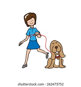 Girl walking dog cartoon vector isolated