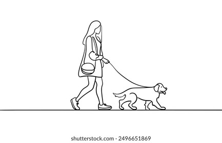 Chica caminando con el dibujo continuo del arte de la línea del perro aislado en el fondo blanco. Dibujo de arte de línea de amigo. Ilustración vectorial