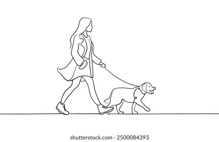Girl walking with dog continuous line art drawing isolated on white background. Friend line art drawing. Vector illustration