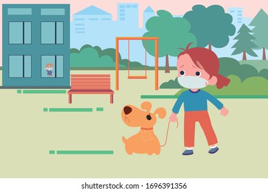 The girl is walking with the dog during quarantine. There are no people in the park or on the playground.Stay home concept. Ncov, covid 2019, prevention Coronovirus concept. Coronavirus pandemic.