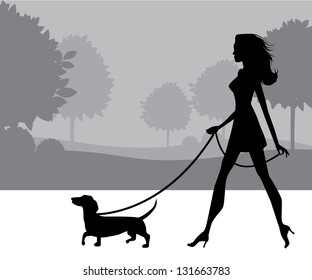 Girl Walking Dog. EPS 8 vector, grouped for easy editing. No open shapes or paths.