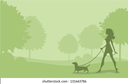 Girl Walking Dog. EPS 8 vector, grouped for easy editing. No open shapes or paths.