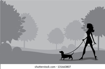 Girl Walking Dog. EPS 8 vector, grouped for easy editing. No open shapes or paths.
