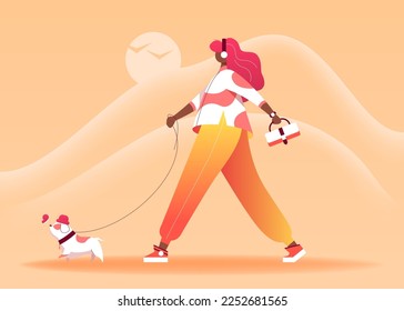 Girl walking the dog flat art. African American girl is going with a dog on an orange background. Vector Illustration