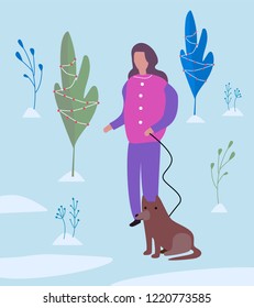 
girl walking a dog. Flat vector illustration
