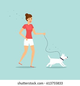 Girl is walking a dog. Flat vector illustration in cartoon style.