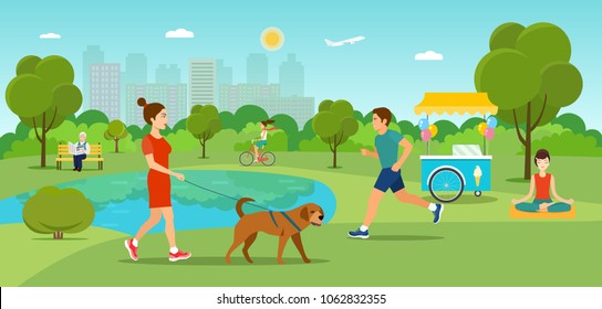 Girl is walking with a dog. Grandfather sitting on the bench and reading newspaper Young man running  and girl riding a bicycle in the park. Vector flat illustration