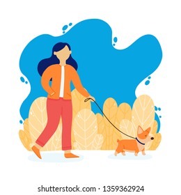 The girl is walking with a dog. Lady with corgi dog in the park. Vector illustration in a flat style. 