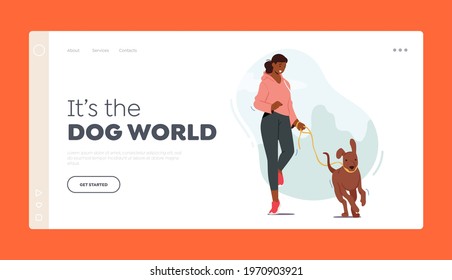 Girl Walking with Dog Landing Page Template. Female Character Run with Pet, Woman Jogging at Morning with Puppy. Relaxing, Leisure, Communicating with Home Animal. Cartoon Vector Illustration