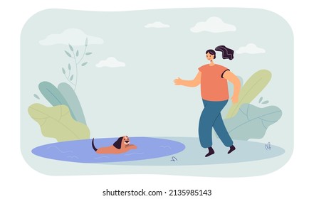 Girl walking with dog in nature flat vector illustration. Happy puppy swimming in pond, owner playing with pet in park. Friendship, care concept for banner, website design or landing web page