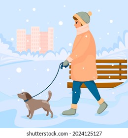 Girl walking with dog on leash in winter park. Vector illustration.